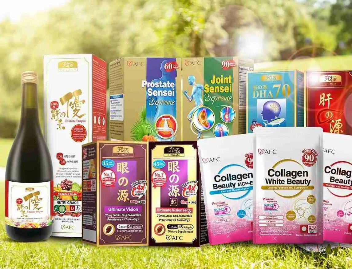 AFC Japan supplement range — Ultimate Enzyme, Prostate and Joint Sensei, DHA70, Ultimate Vision eye supplements and Collagen Beauty