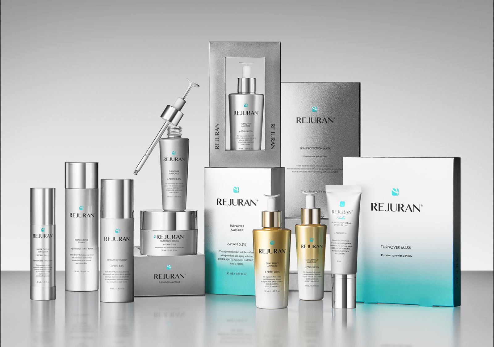 The Rejuran Turnover product range — ampoules, creams, toners and masks with c-PDRN